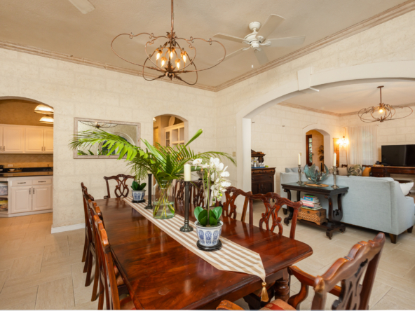 Elegant dining room in Mon Caprice, Sandy Lane, featuring a grand table setting and luxurious decor for memorable meals in Barbados.