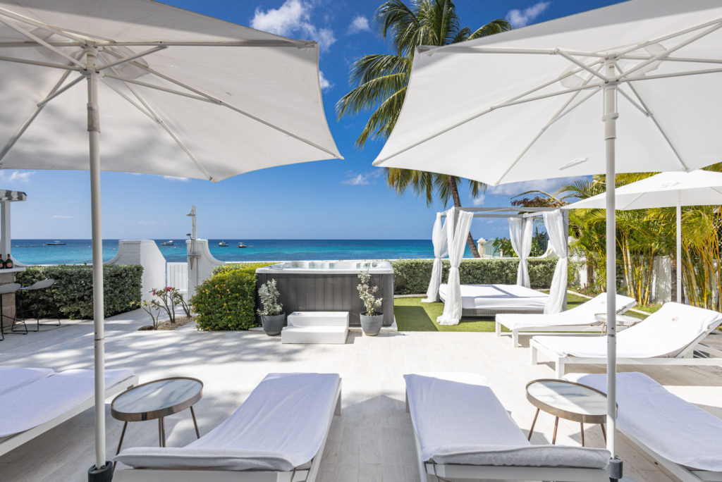 luxury holiday villa Barbados view from the deck and garden with Caribbean Sea beyond