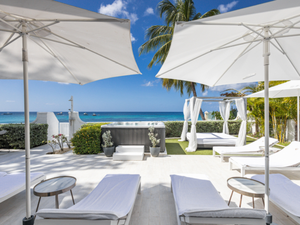 luxury holiday villa Barbados view from the deck and garden with Caribbean Sea beyond