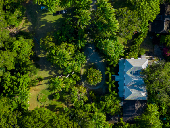 Lancaster Great House aerial view presenting Plantation House surrounded by green lush tropical gardens