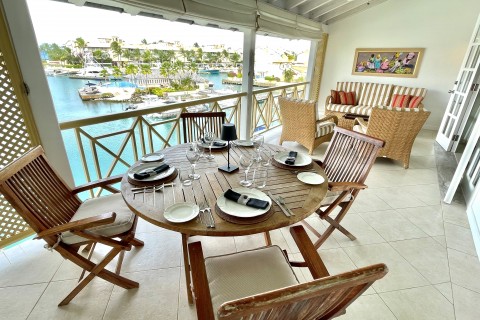 Balcony with lagoon view at apartment at Port St. Charles, 355.